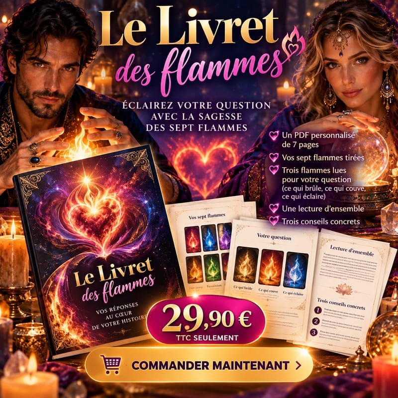 Le Livret des flammes, 29,90 € TTC : un PDF personnalisé de 7 pages, vos sept flammes tirées, trois flammes lues pour votre question, une lecture d'ensemble et trois conseils concrets